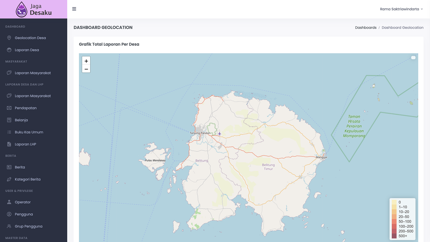 Interactive GIS heatmap of Belitung Timur showing total reports per village with color-coded density legend