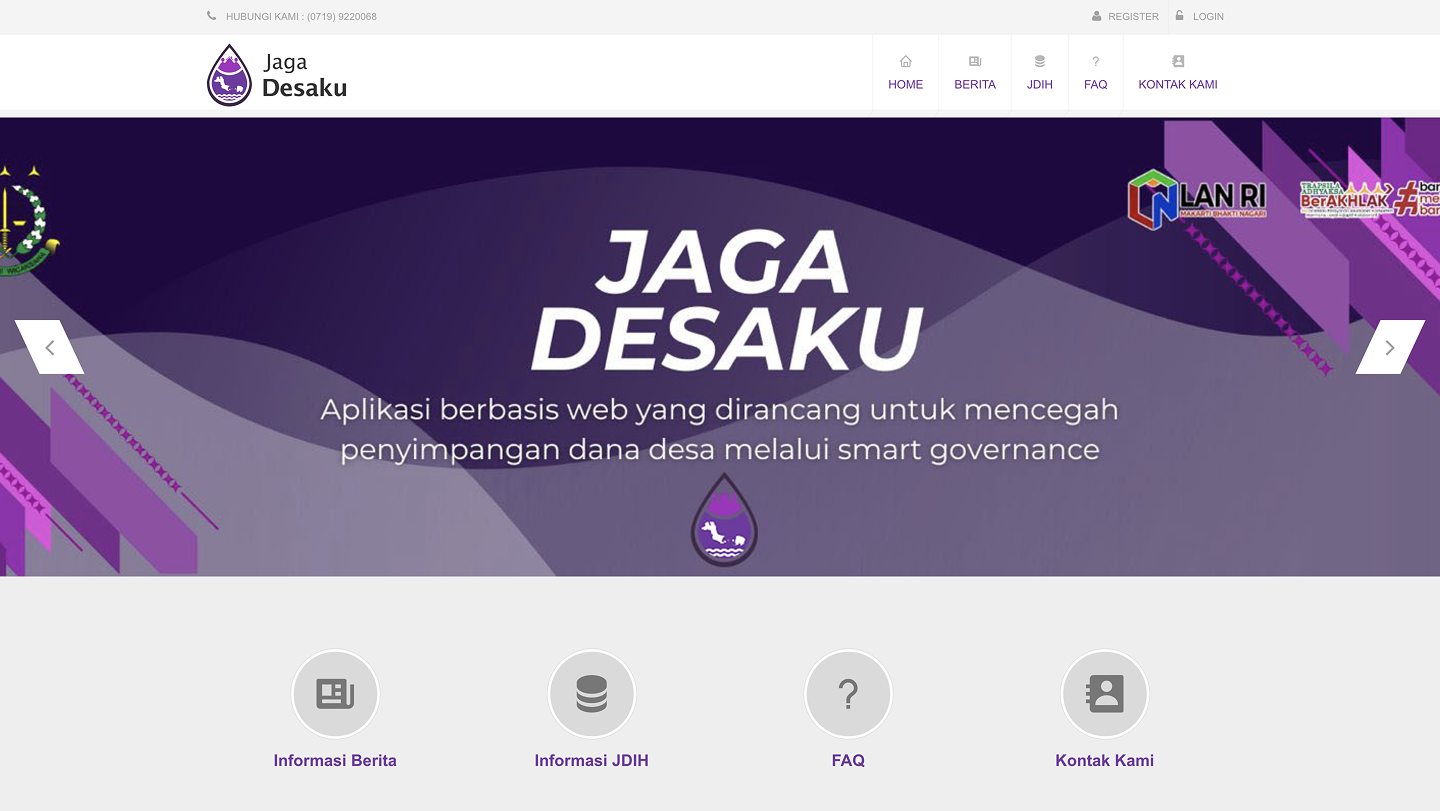 JagaDesaku public landing page with smart governance tagline and information sections