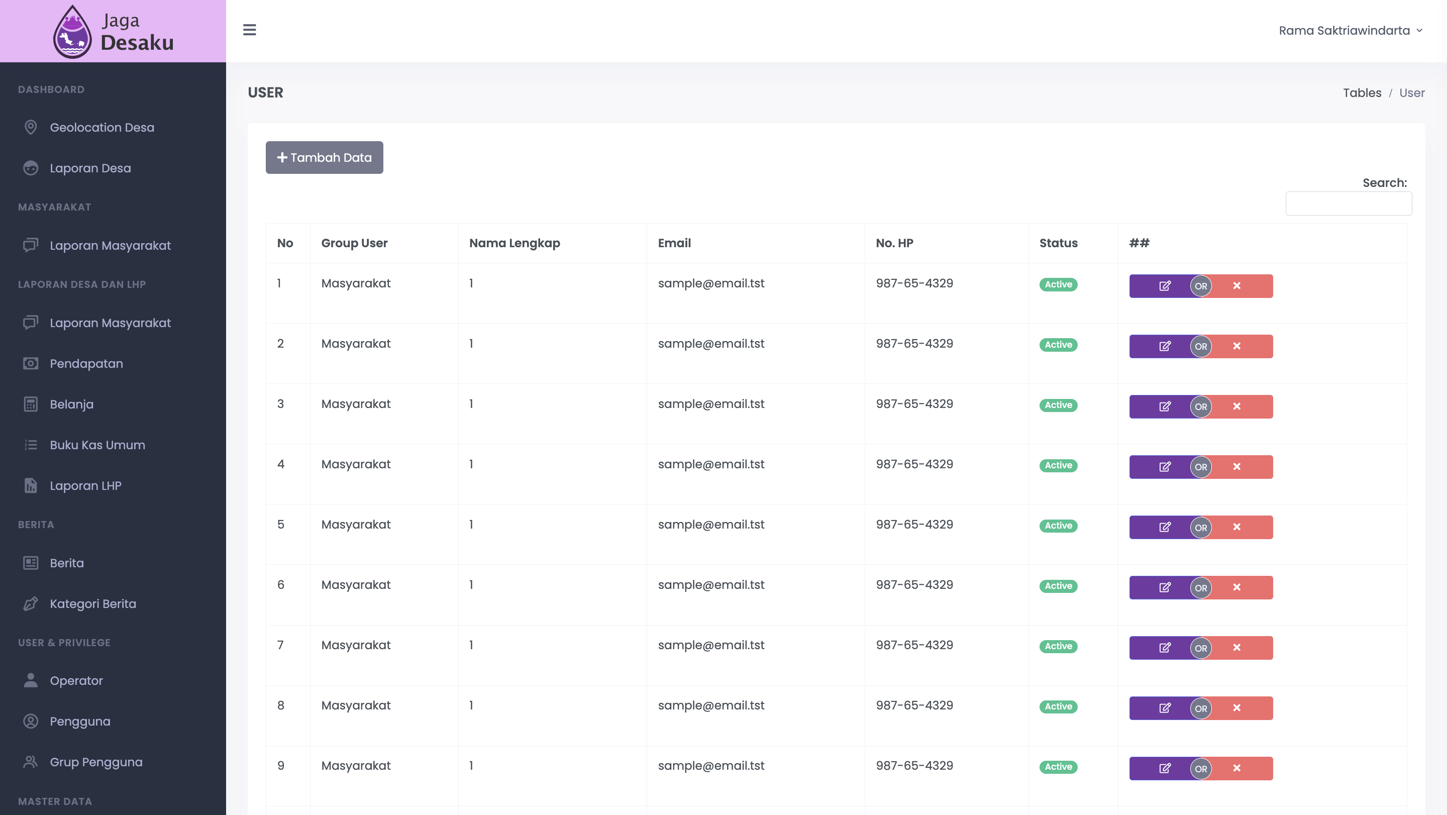 JagaDesaku User and Privilege management showing role-based access control for operators and user groups