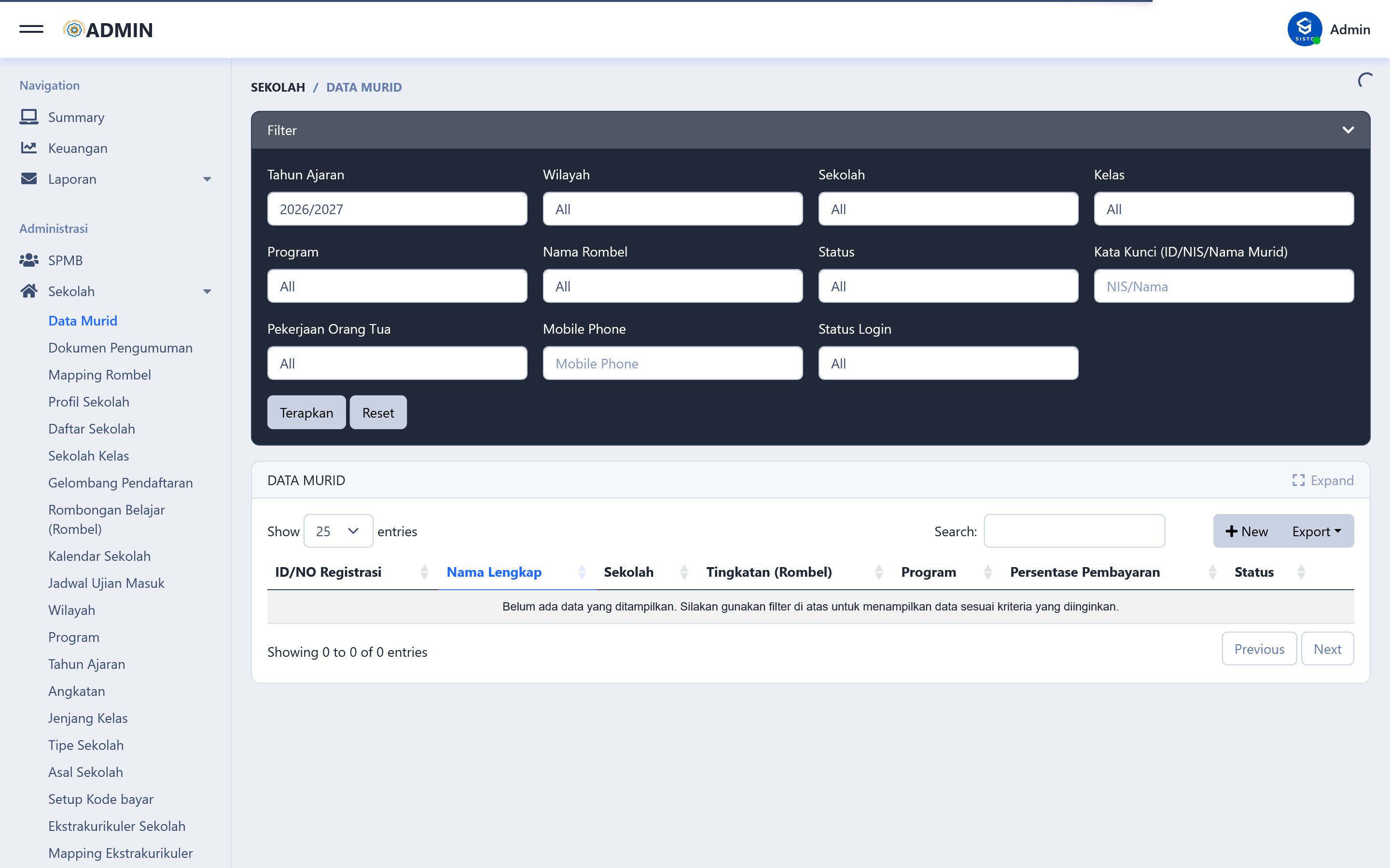 SISTO Student Data Management with advanced multi-field filters and comprehensive student records