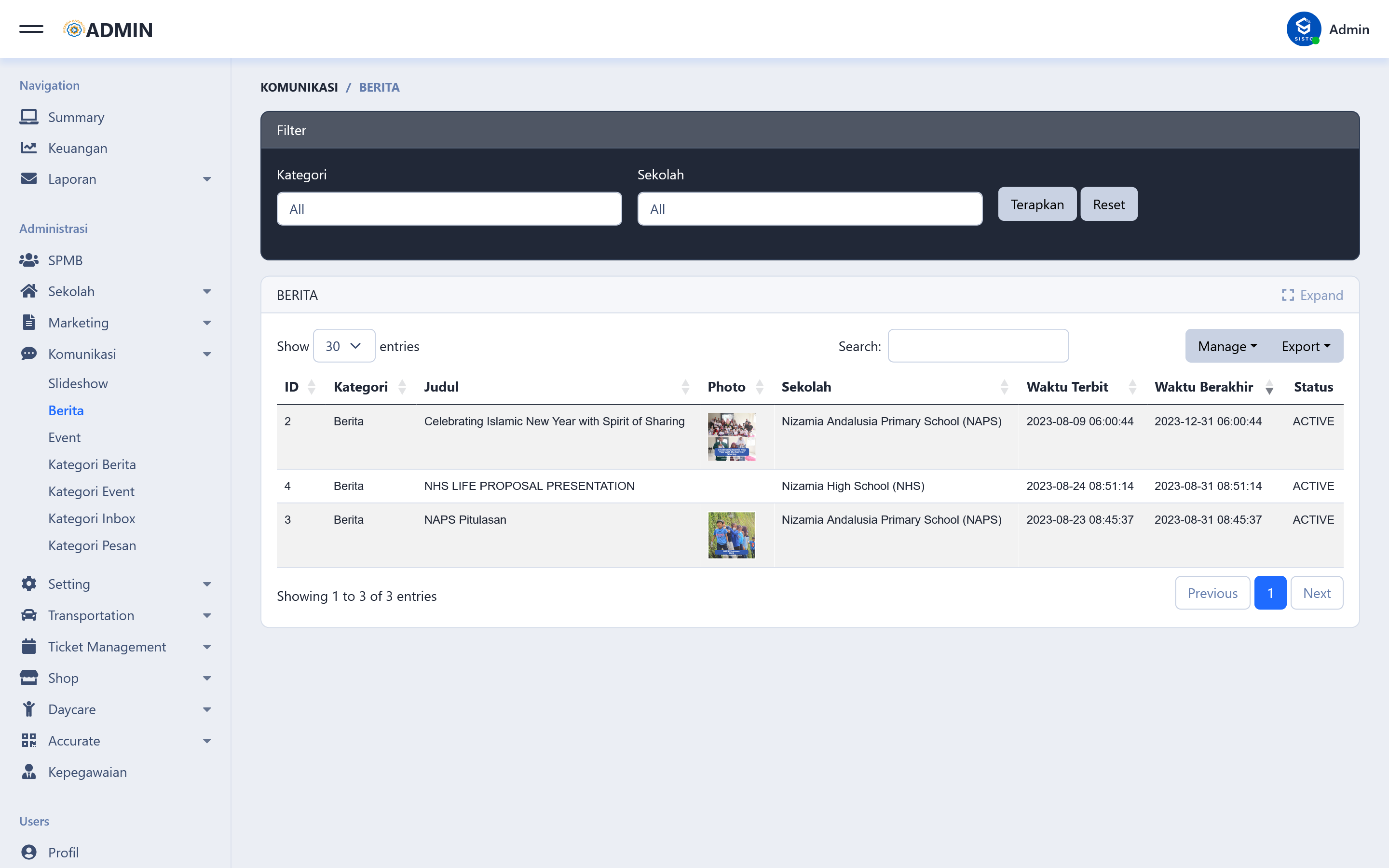 SISTO Communication module — news and announcements management for Nizamia Andalusia schools