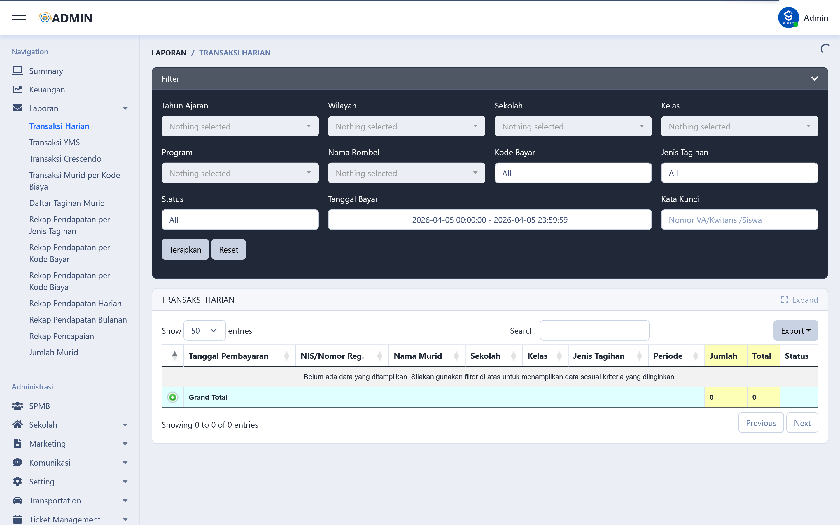 Daily Transaction Reports with extensive filters across school, class, program, payment code, and date range