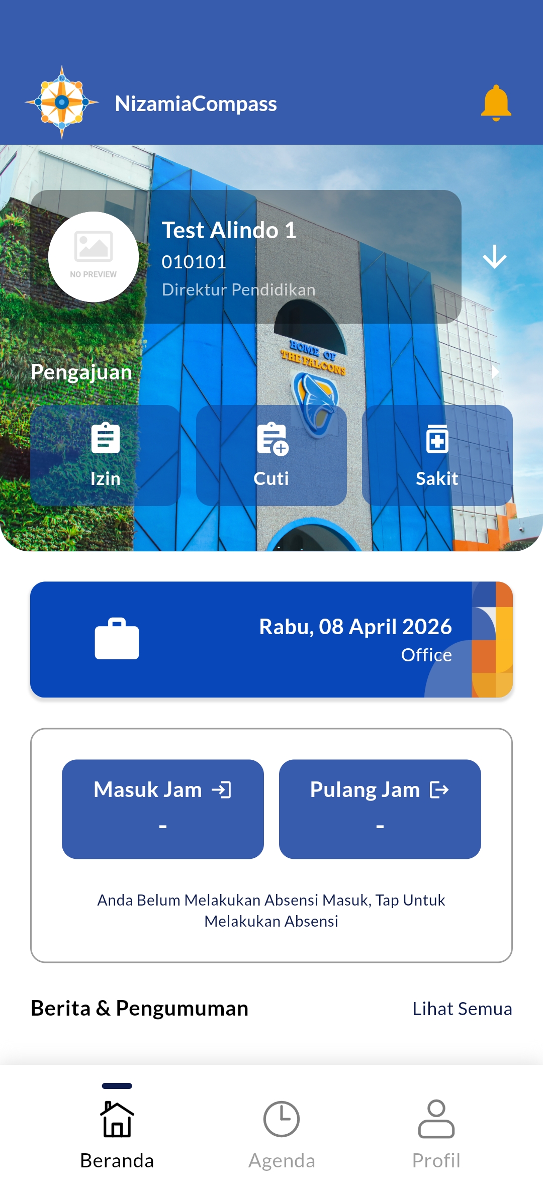 NizamiaCompass homepage — employee card, clock-in/out, leave submission shortcuts