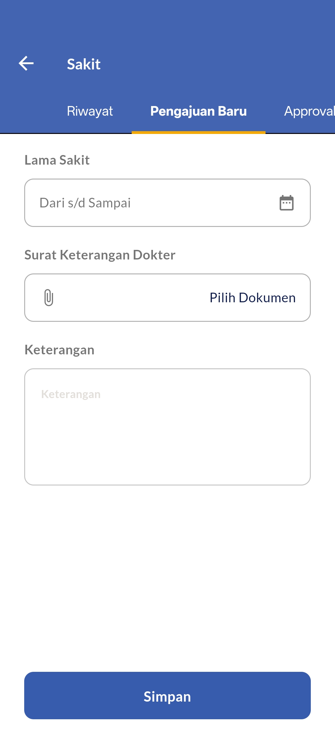 Sick leave form — date range, doctor's note upload, and description