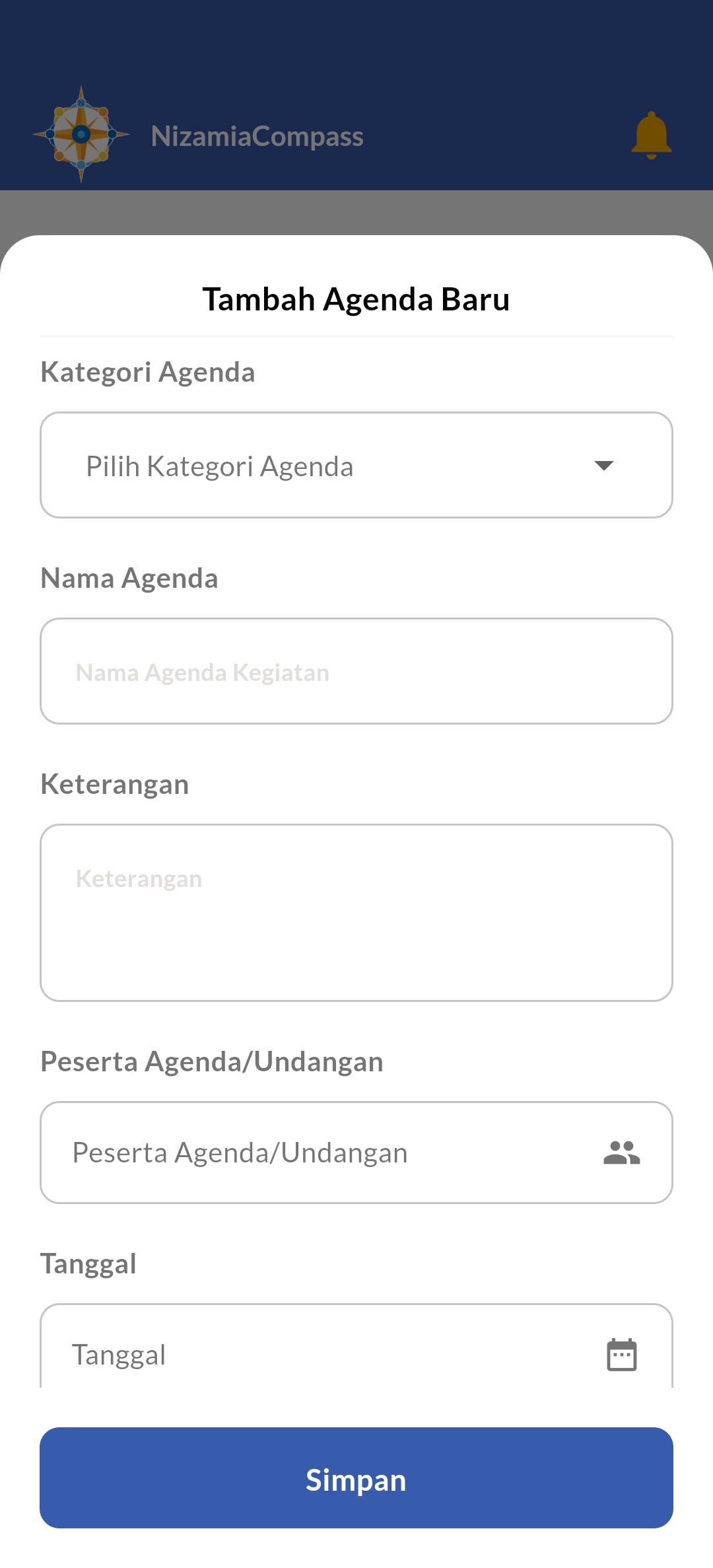 Add new agenda — category, name, description, participants, and date