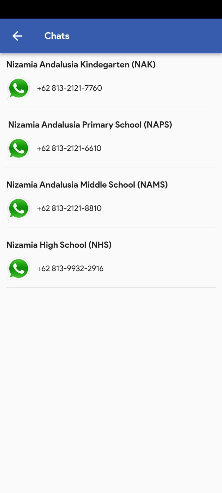 WhatsApp directory — direct contact to NAK, NAPS, NAMS, and NHS campuses