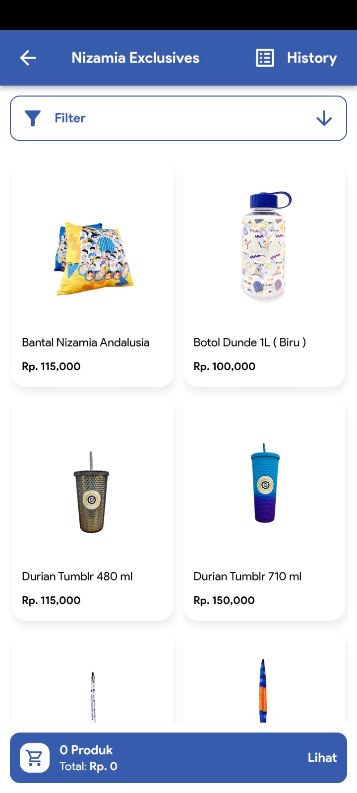 Nizamia Exclusives — school merchandise shop with pillows, bottles, and tumblers