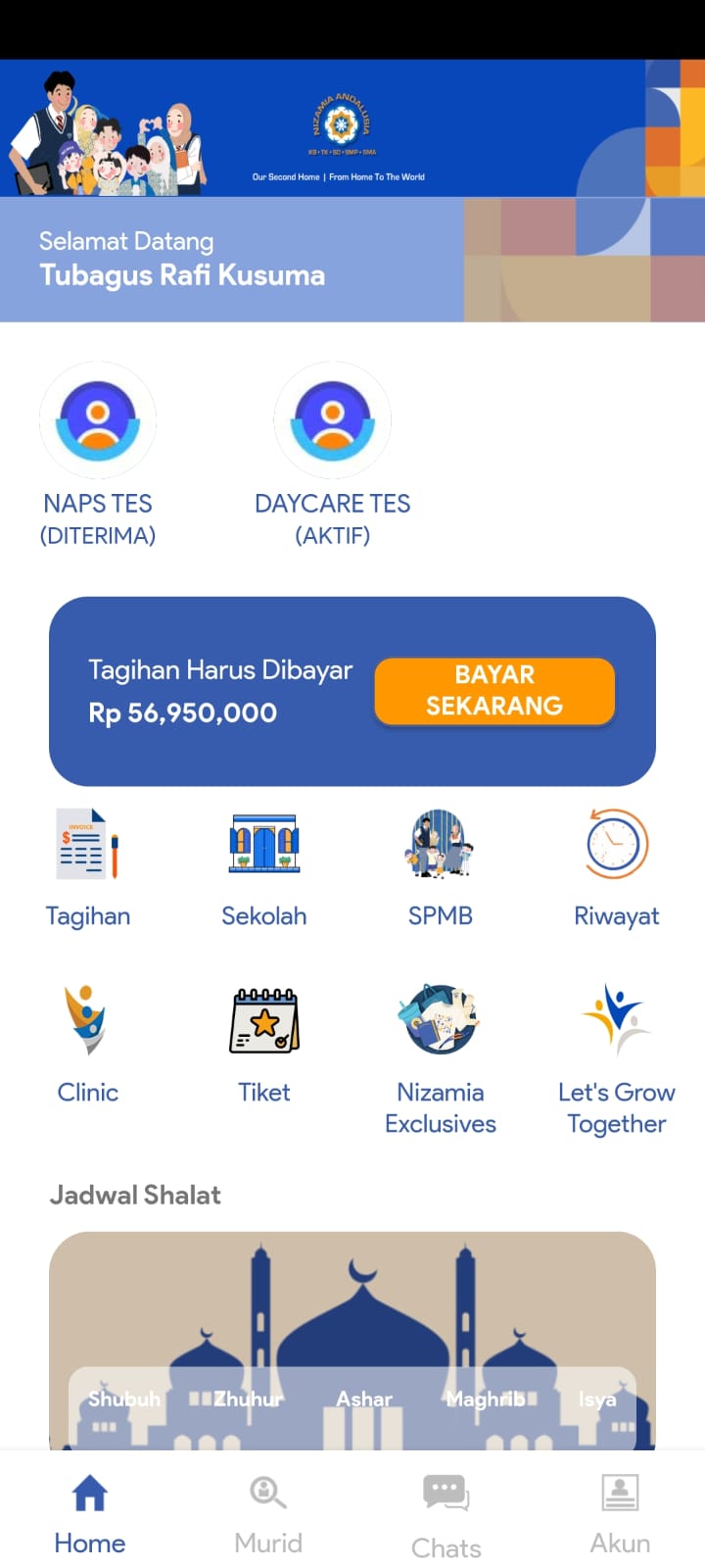 SalamNizamia homepage — multi-child switcher, billing alert, quick menus, and prayer schedule