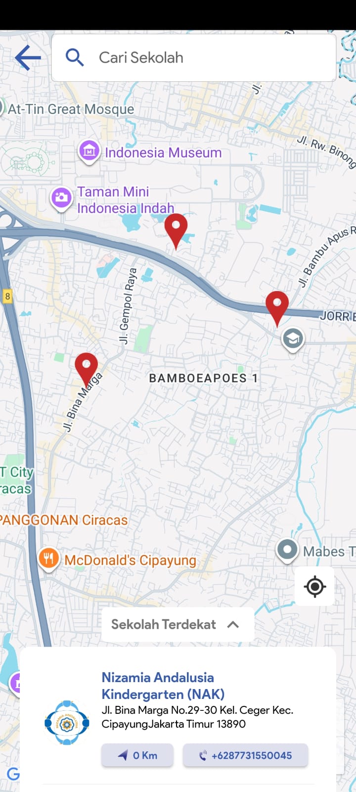 Interactive school map — GPS locator showing nearest Nizamia campus with address and phone