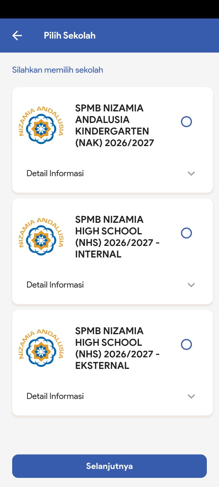 School selection — choose between NAK, NHS Internal, NHS External