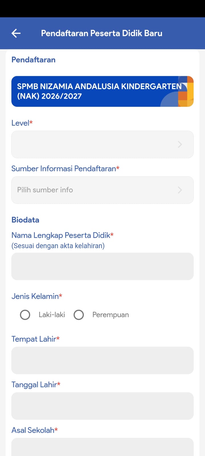 New student registration form with biodata fields