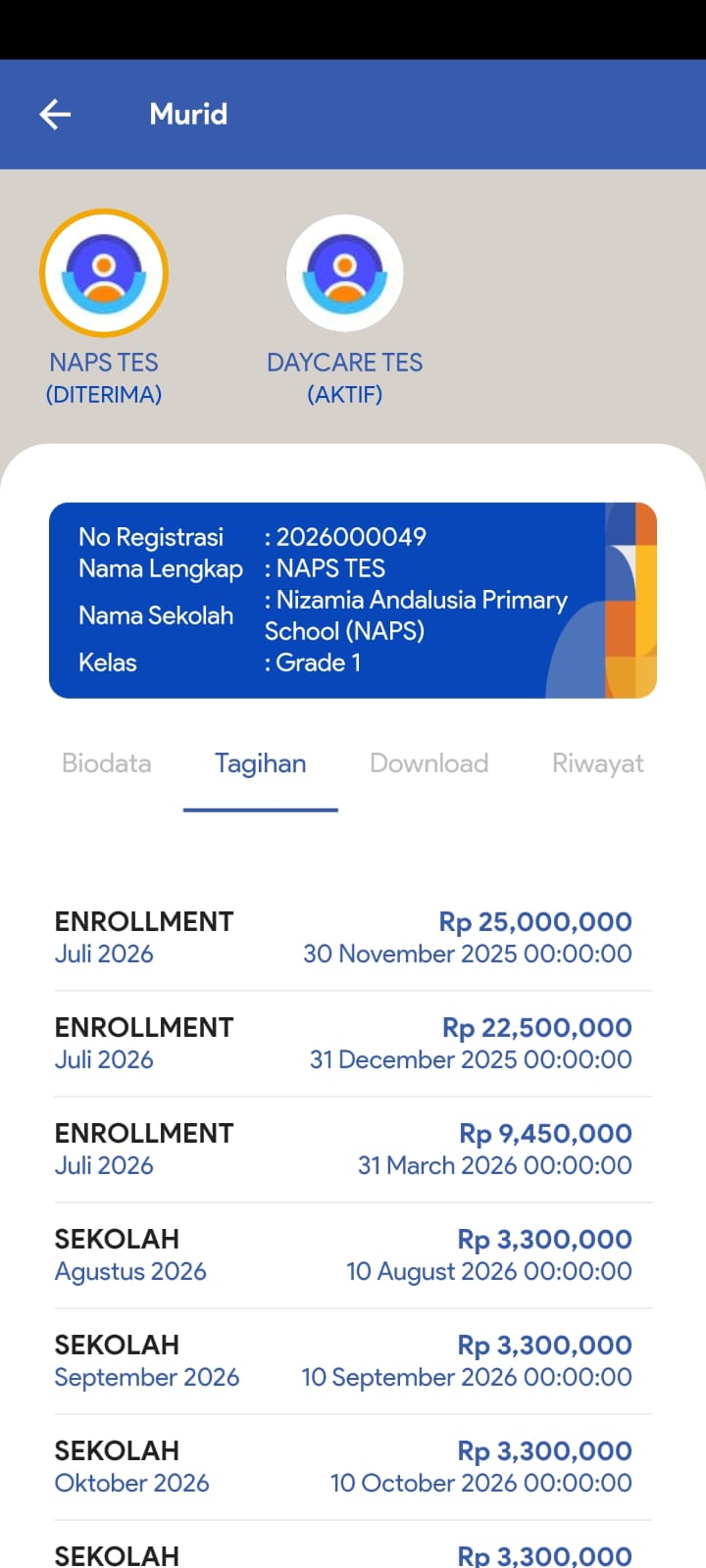 Detailed fee breakdown — enrollment and monthly school fees
