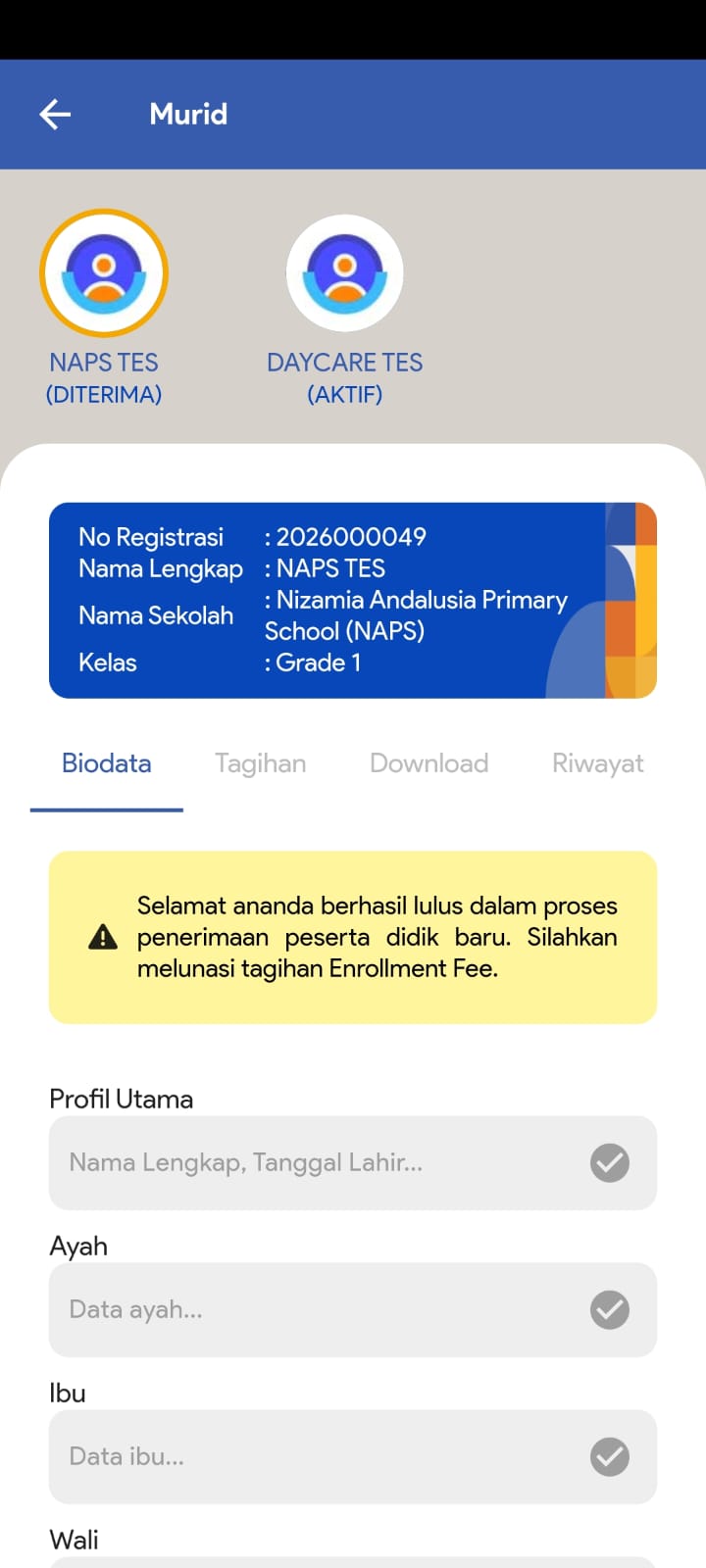 Student profile — registration info, biodata, parent data, and billing tabs