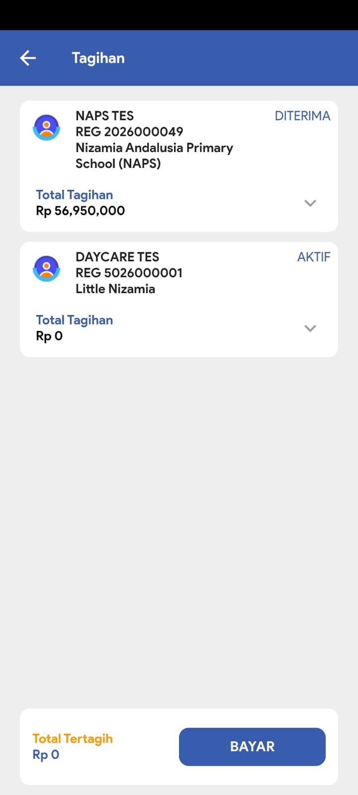 Billing overview per child with total and pay button