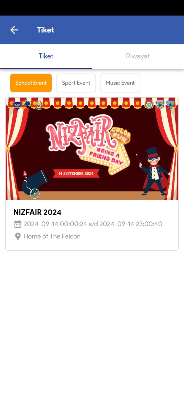 Event ticketing — School Event, Sport Event, Music Event categories with NIZFAIR 2024