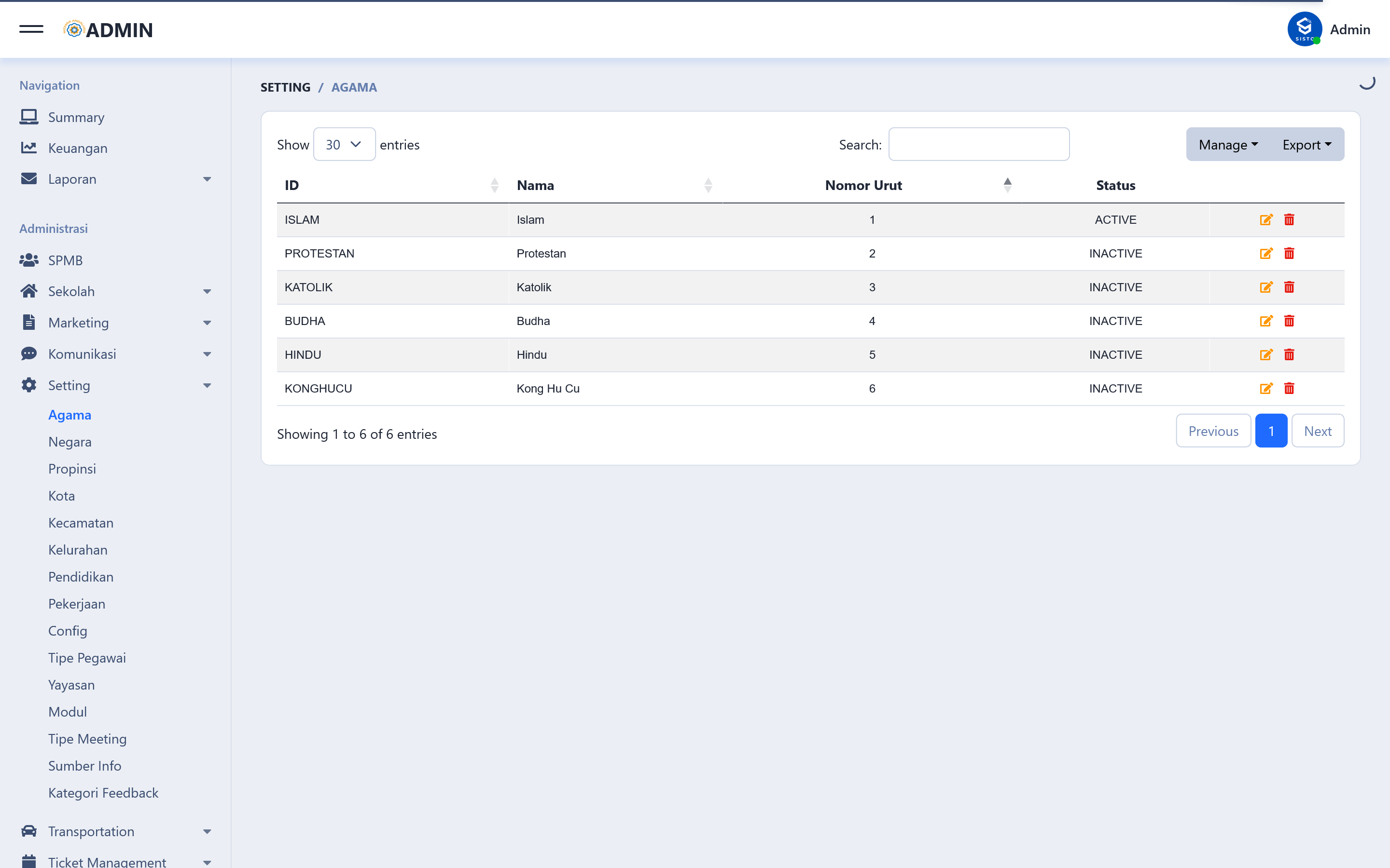 System Settings — master data management including religion, region, occupation, and module configuration