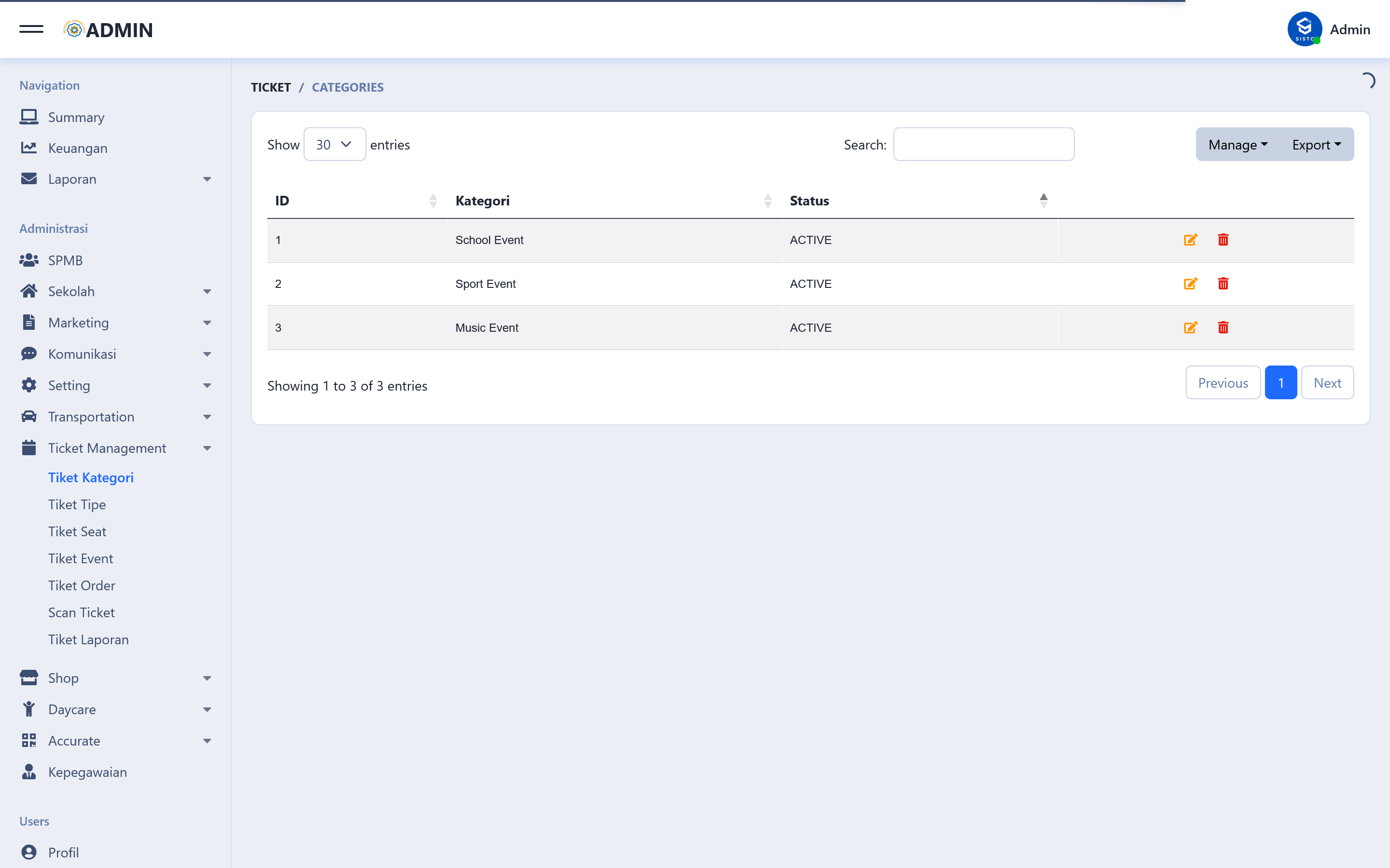 Ticket Management — event categories including School Event, Sport Event, and Music Event