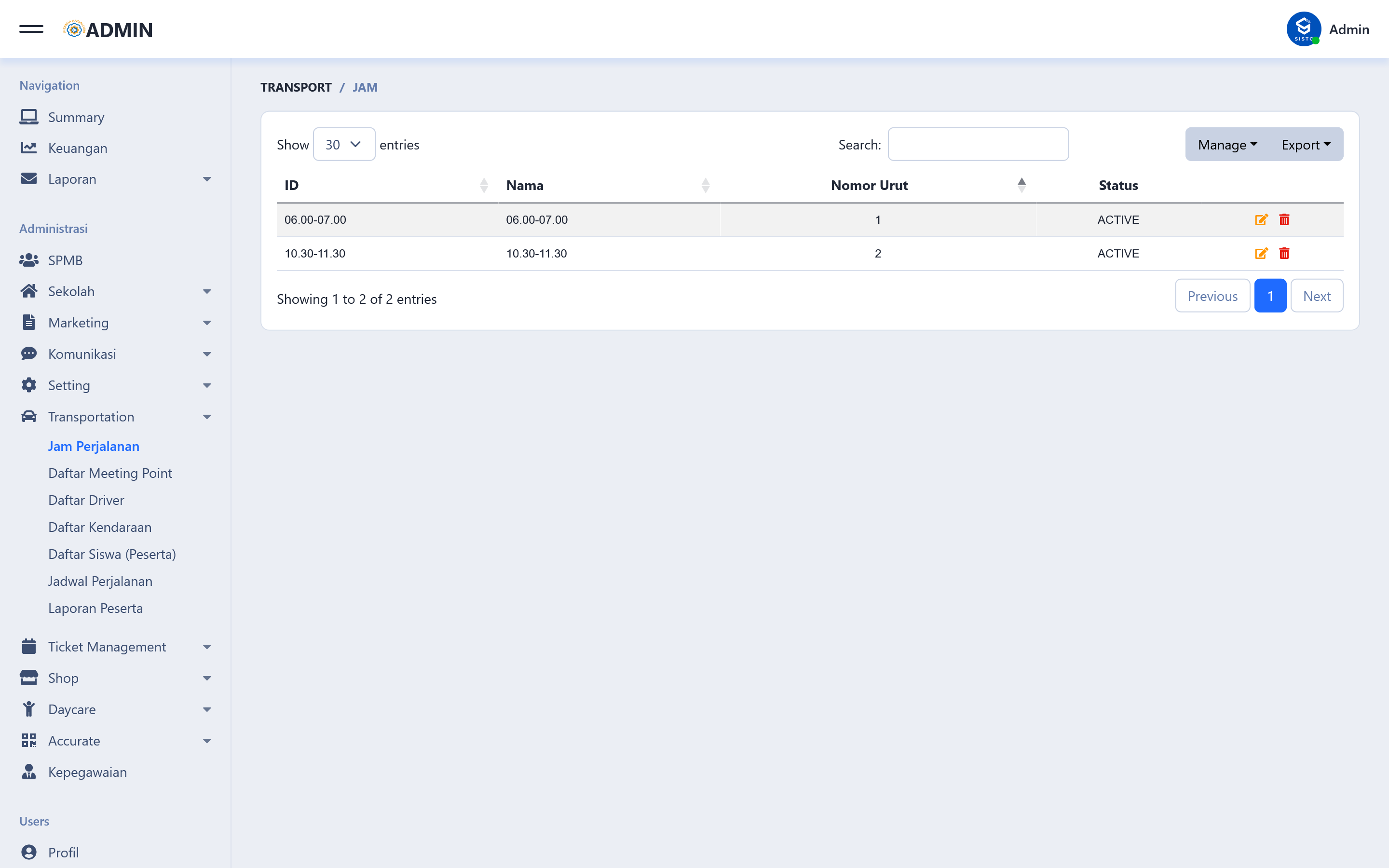 SISTO Transportation Management — travel time slots and route management for Nizamia Andalusia