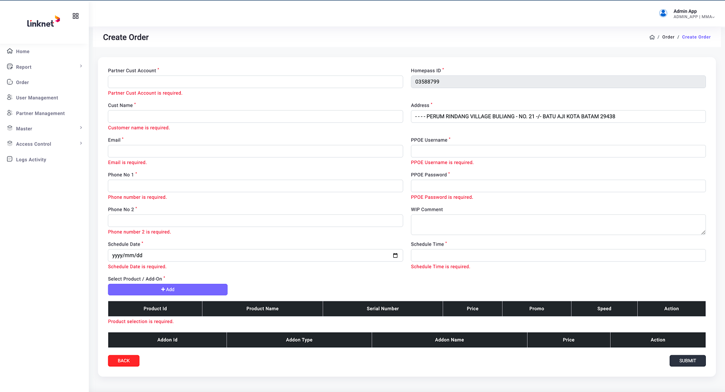 Create Order form with customer details, product selection, and service configuration fields