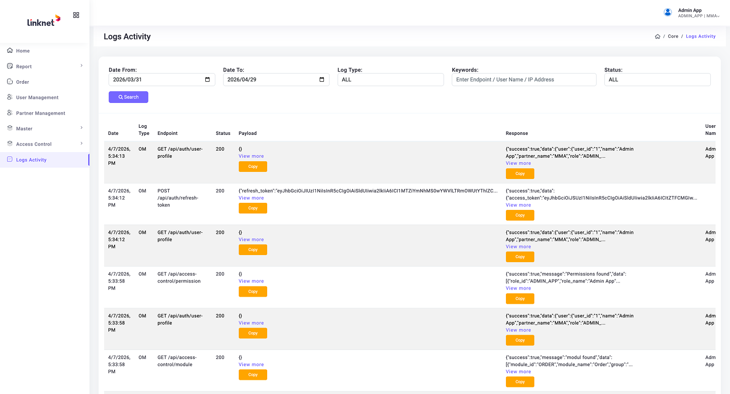 Log Activity audit trail showing timestamped user actions with request and response details