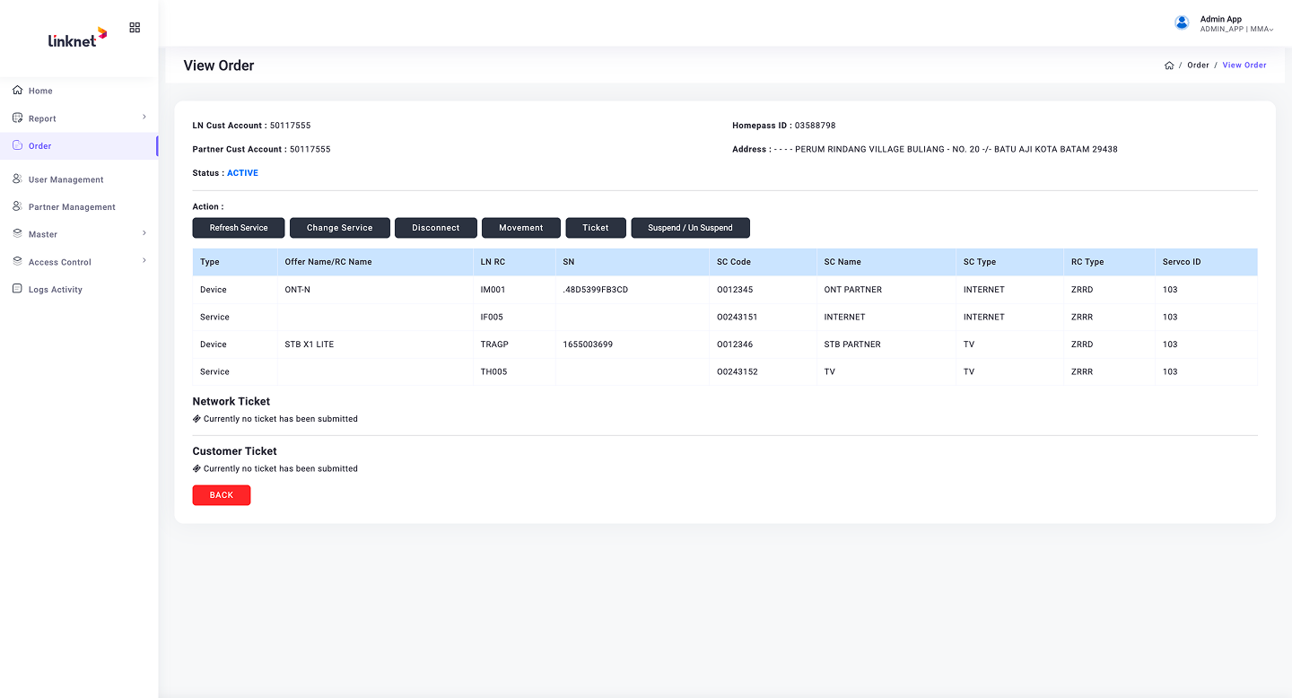 Order Detail view with tabbed navigation for service management, tickets, and order history
