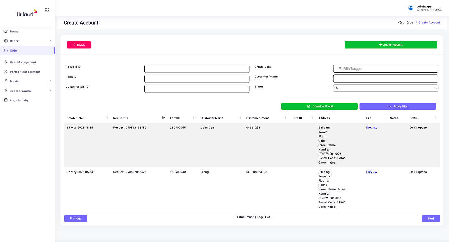 Order List — paginated order table with status tracking and account creation