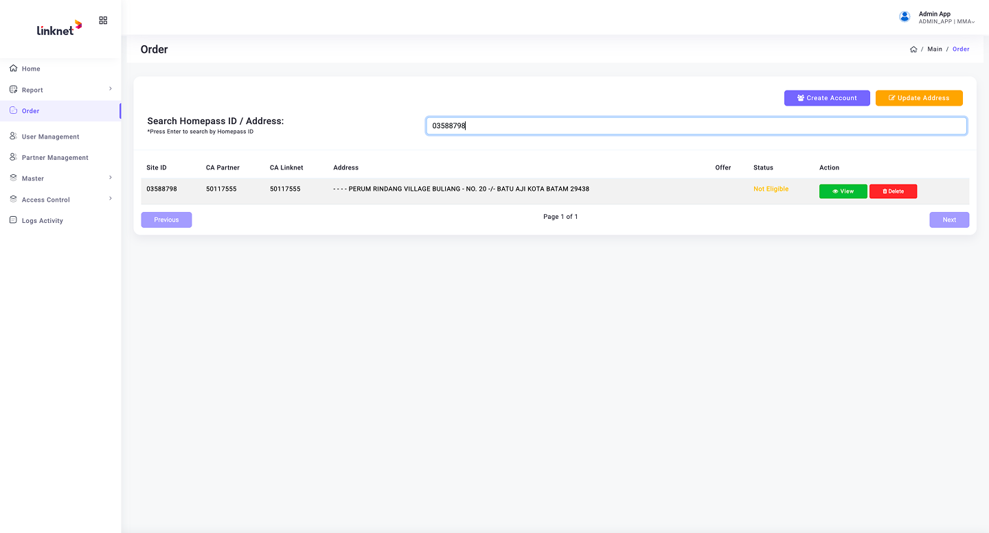 Order Management search interface — search orders by Homepass ID or address with status indicators