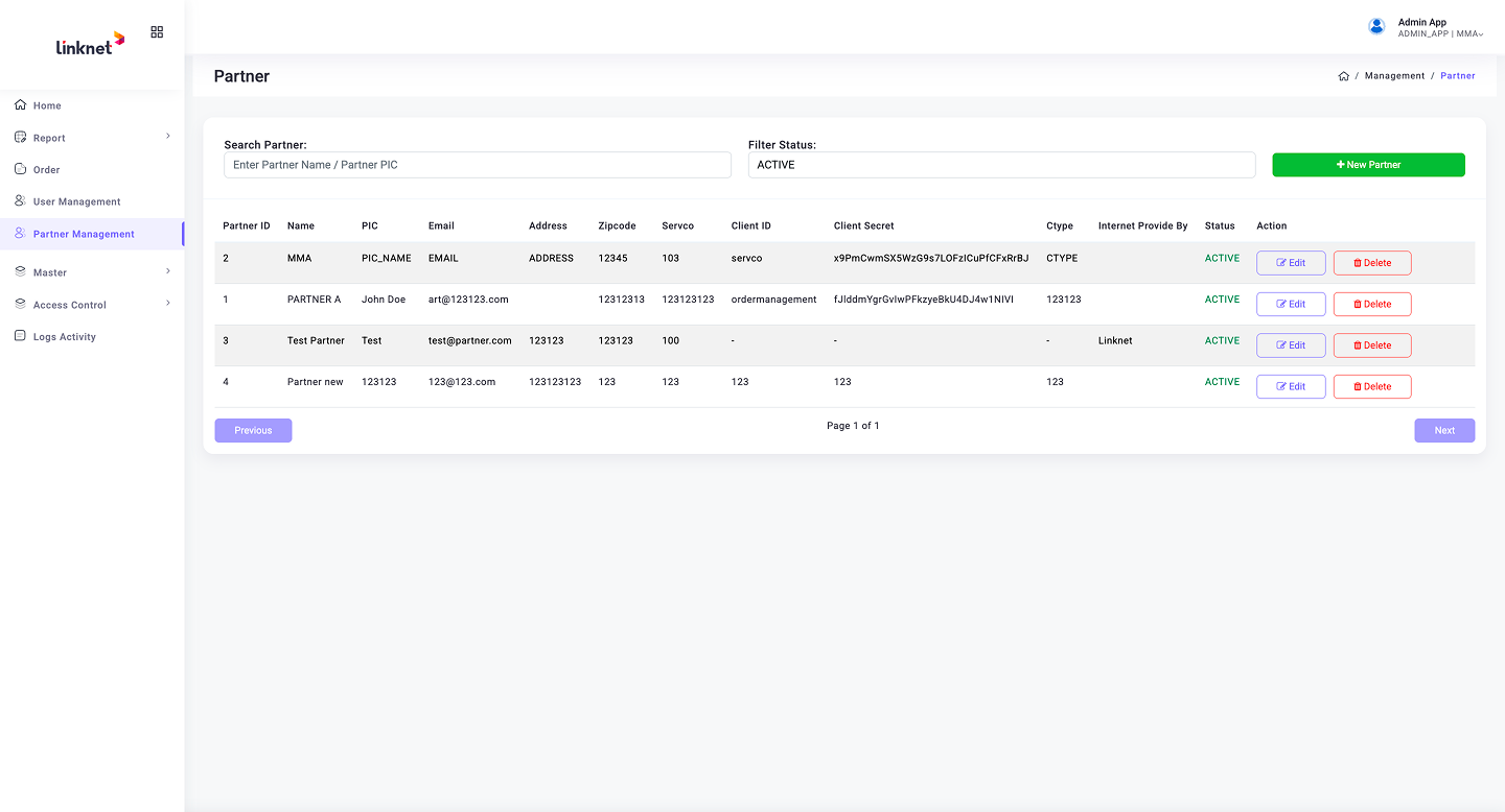 Partner Management — partner list with contact details and status tracking