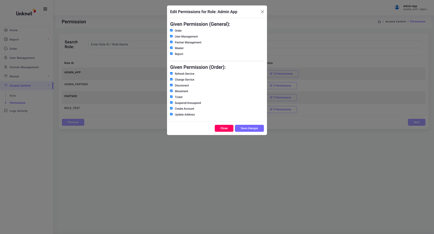 Permission Management — granular permission assignment for general and order-specific actions