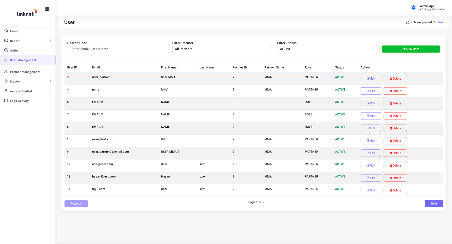 User Management — user list with search, partner filter, and role assignment