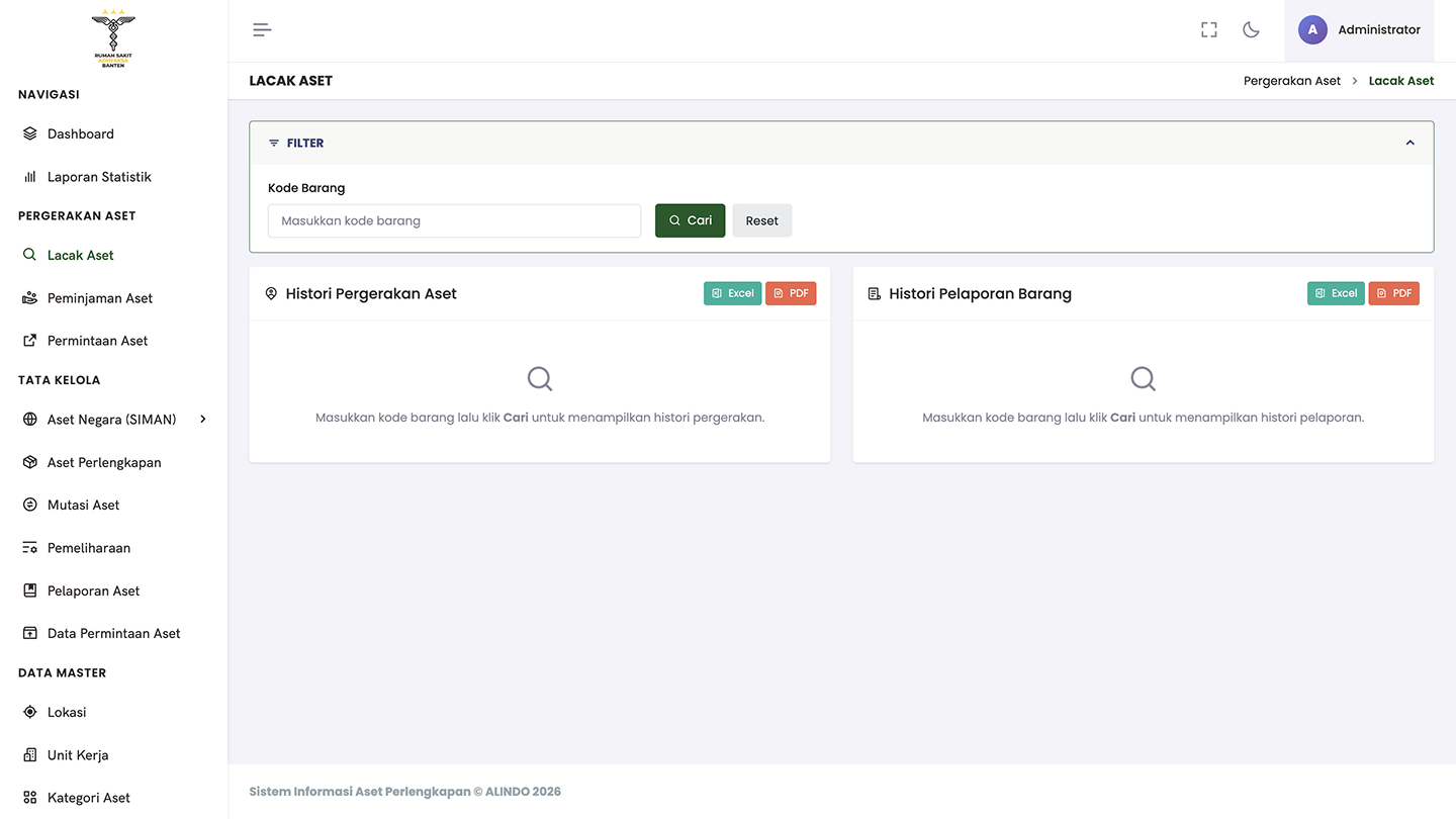 Lacak Aset — dual-panel asset history showing movement and reporting history side by side