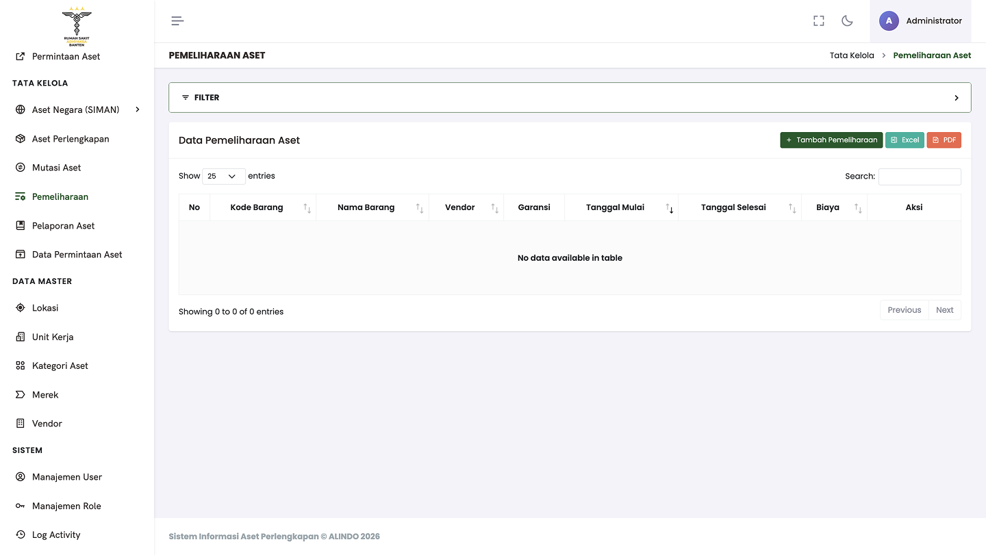 Pemeliharaan Aset — maintenance scheduling with vendor, warranty period, dates, and cost tracking