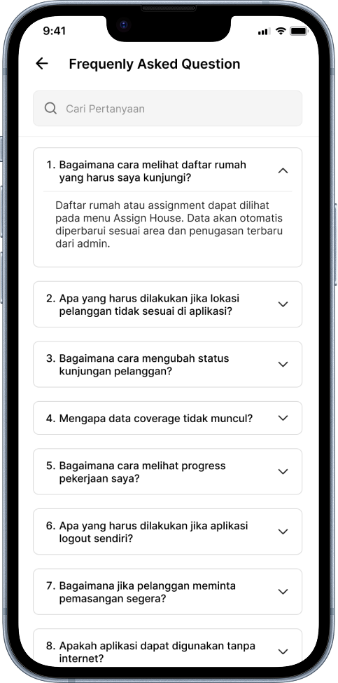 SALLY Frequently Asked Questions screen with searchable, expandable help topics