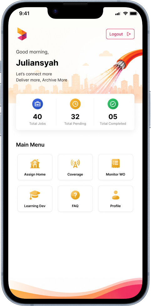 SALLY home dashboard greeting the user with Total Jobs, Total Pending, and Total Completed counters above a six-item main menu