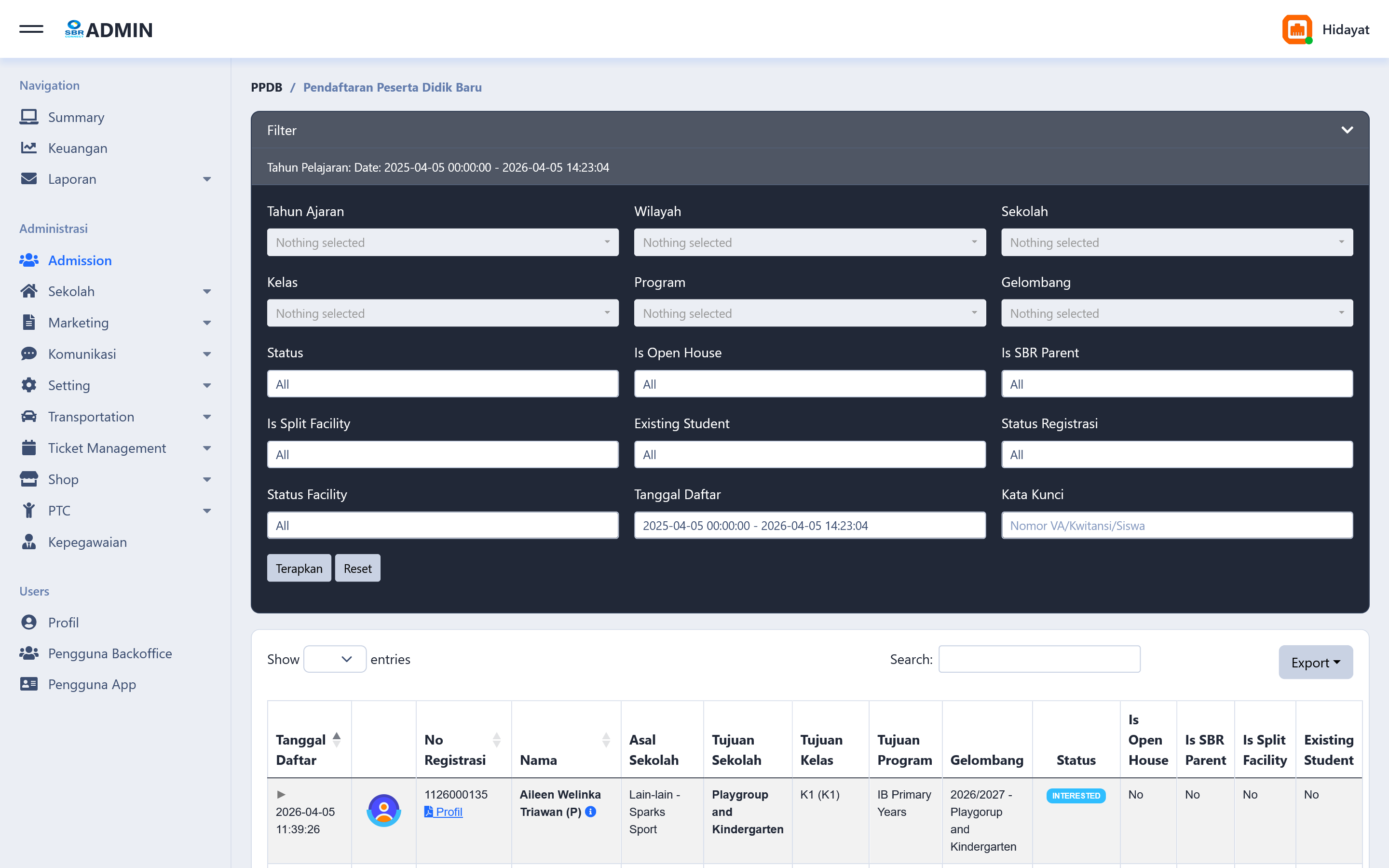 SISTO Admission module — PPDB new student registration management with advanced filters