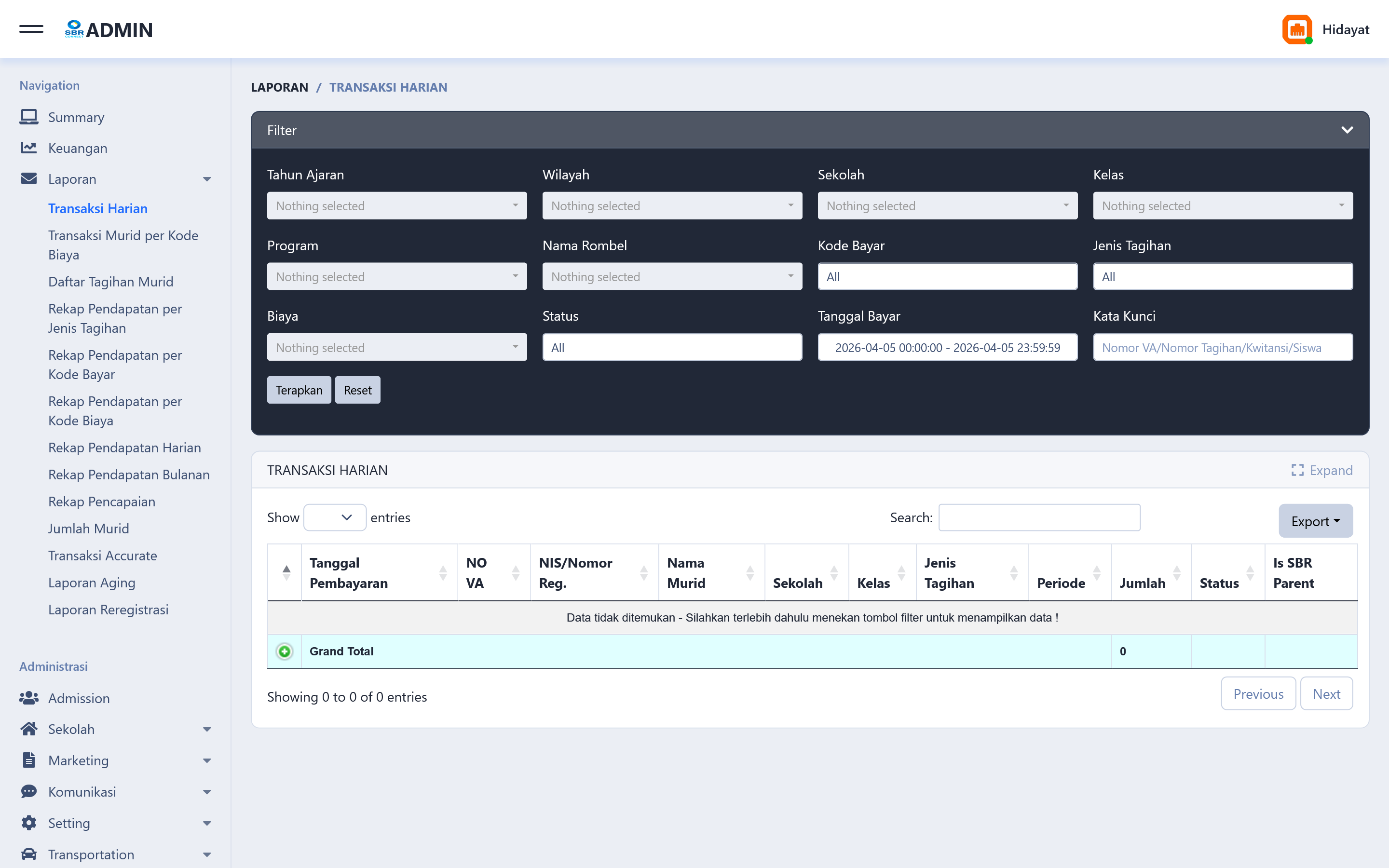 Reports — daily transactions, fee recaps, and student count reports