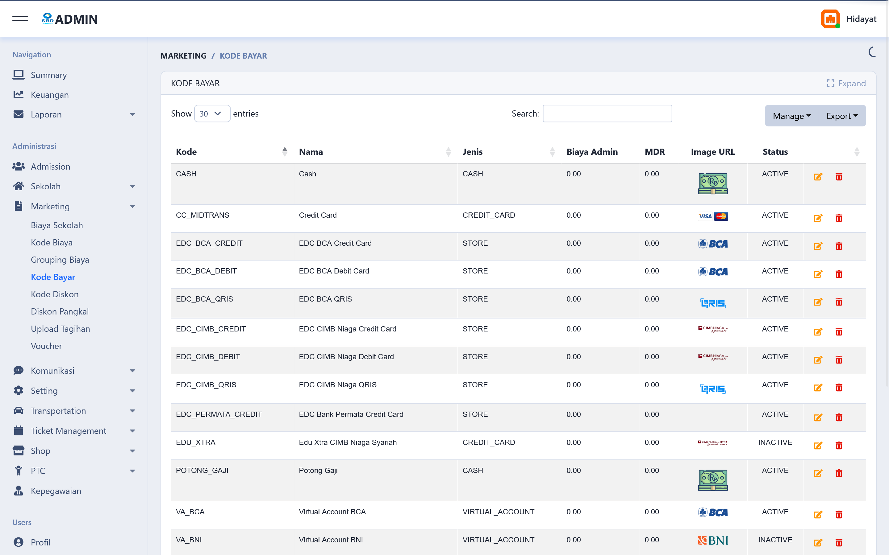 Marketing — payment codes, billing upload, discounts, and fee structure