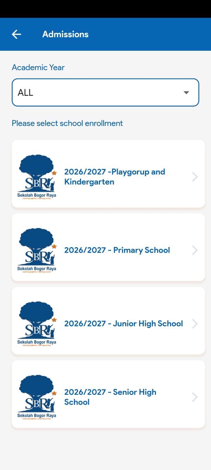School enrollment selection — 4 levels for 2026/2027