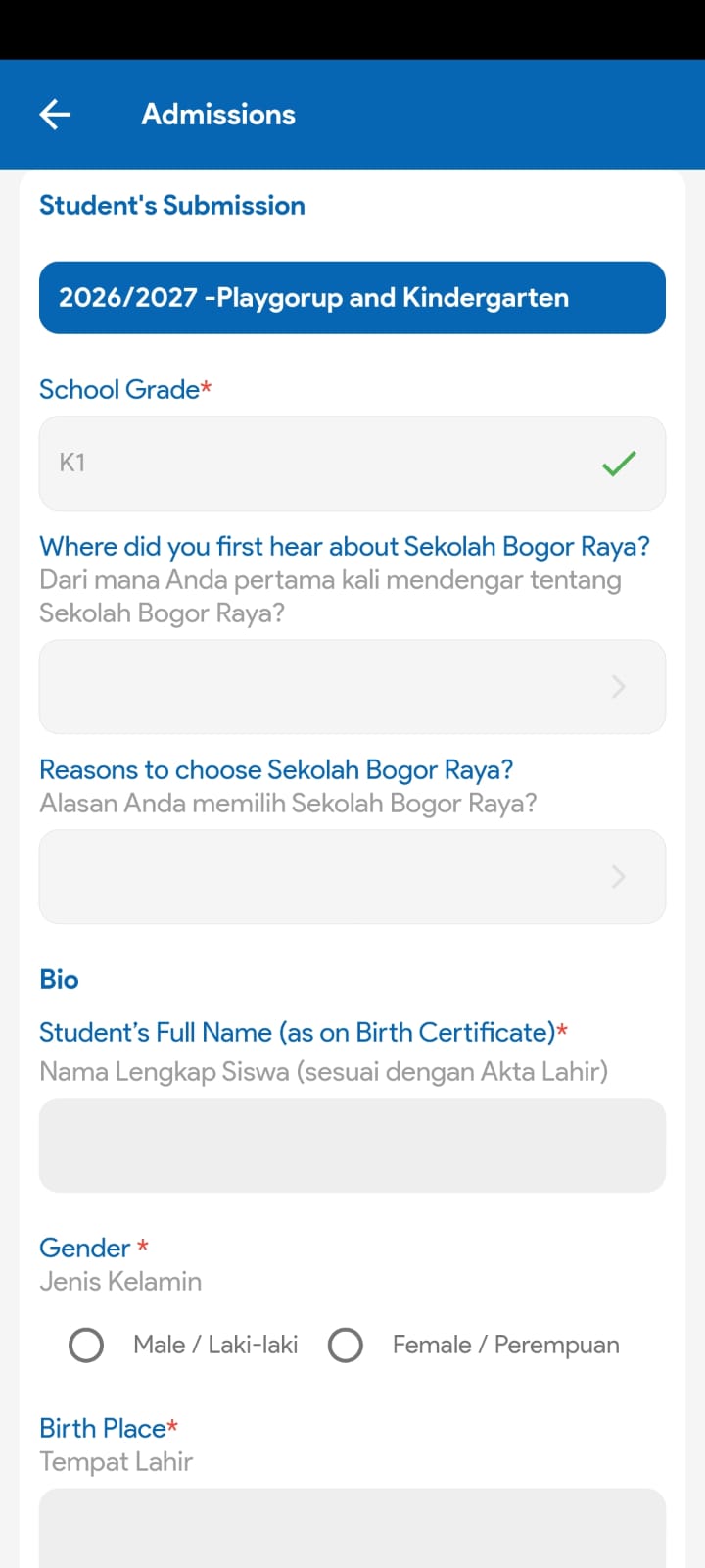 Admission form with grade, referral, and biodata fields