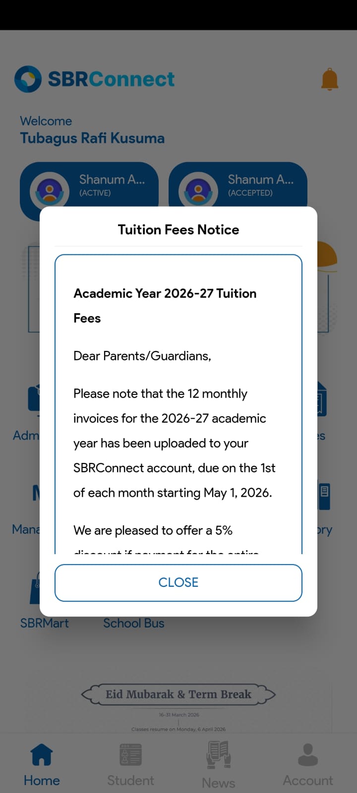 Tuition Fees Notice — 2026-27 invoices with 5% early payment discount