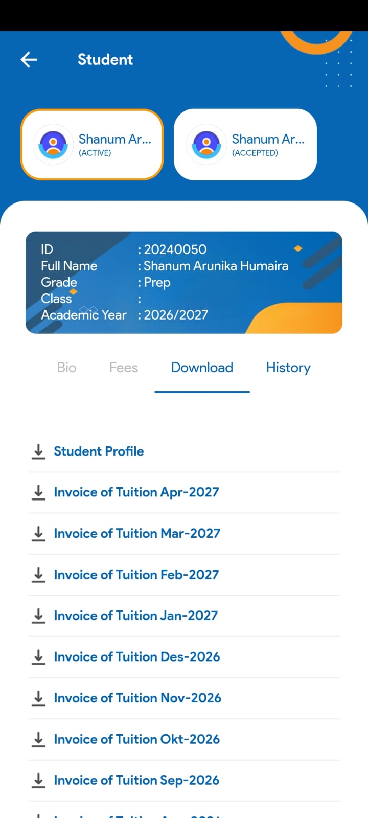 Downloadable tuition invoices from Apr-2027 to Sep-2026