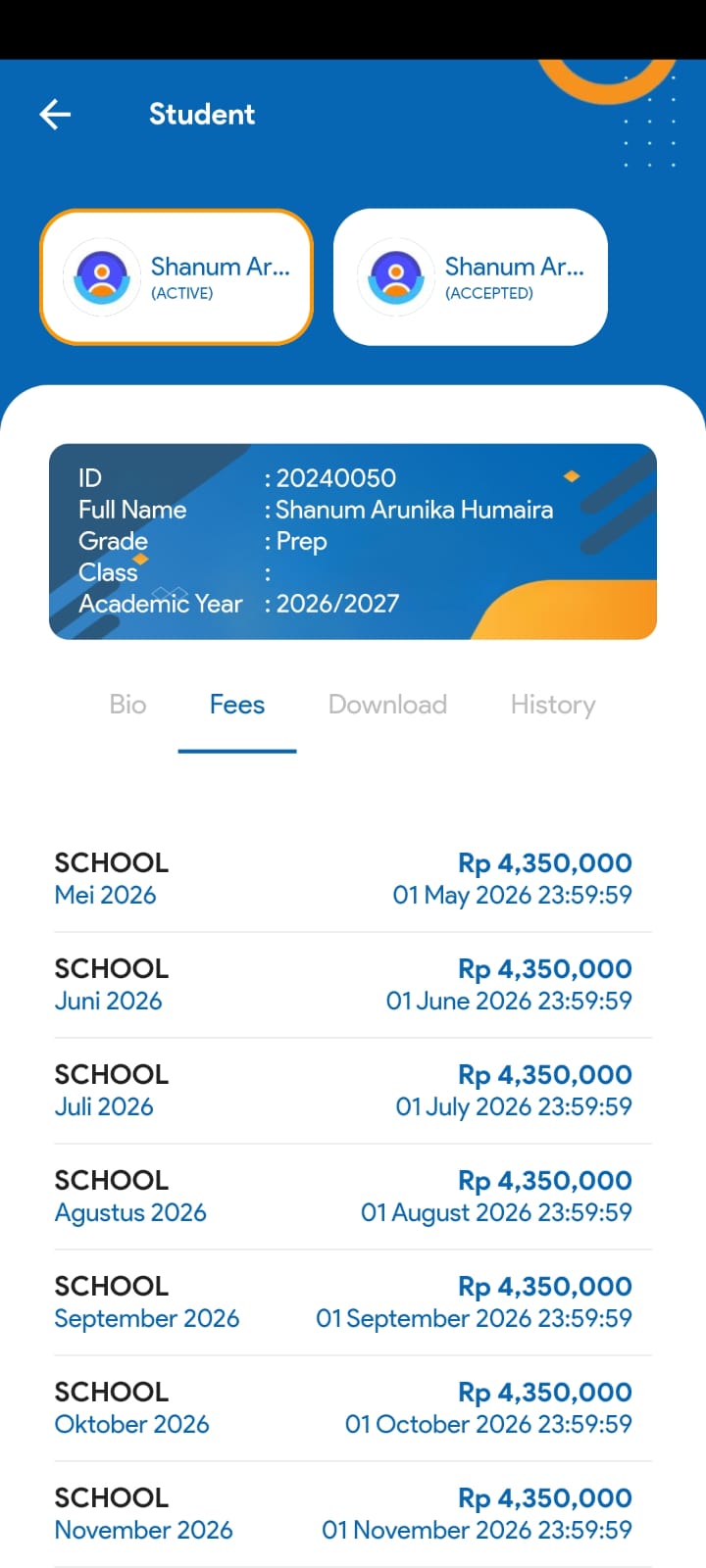 Monthly school fees — Rp 4,350,000 per month itemized