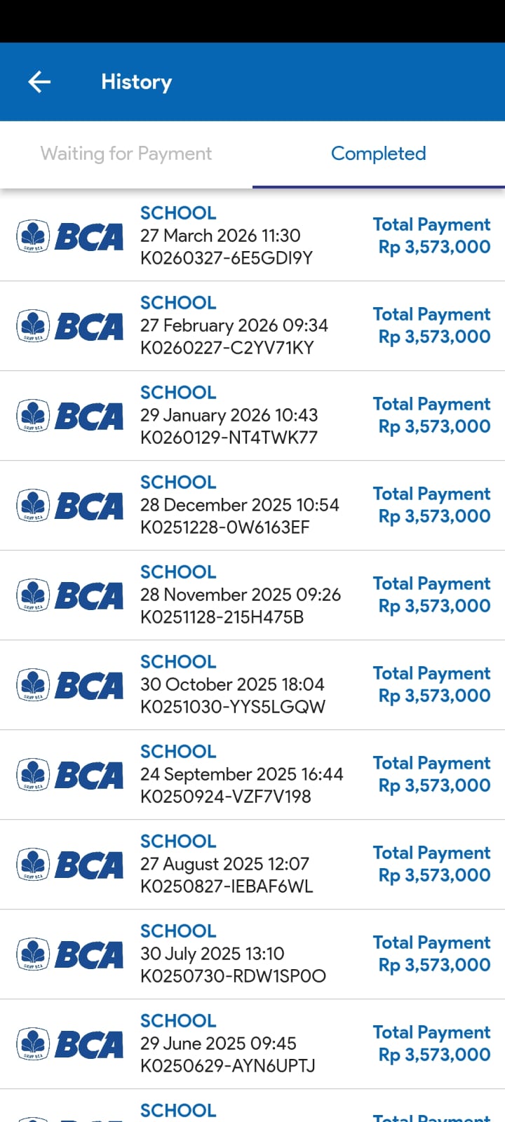 Payment history — completed BCA transactions with amounts