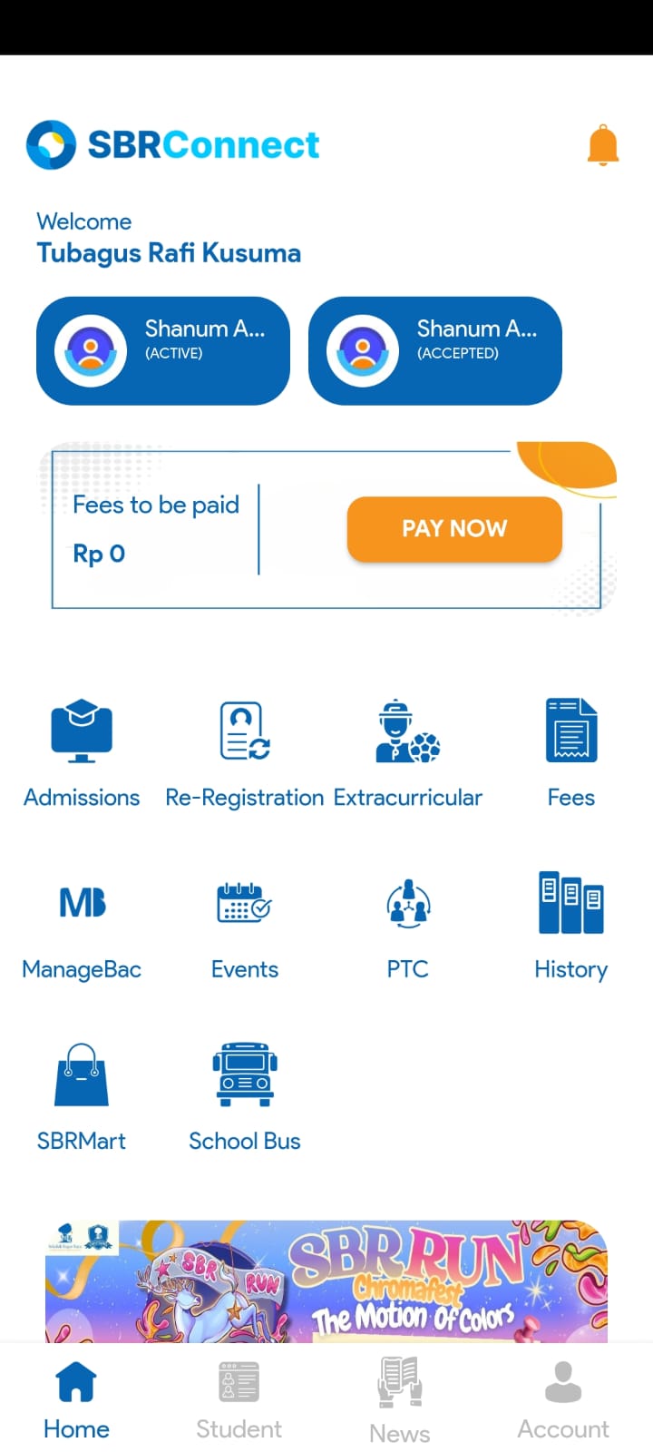 SBRConnect homepage — multi-child switcher, fee alert, 10 quick menus, SBR RUN banner