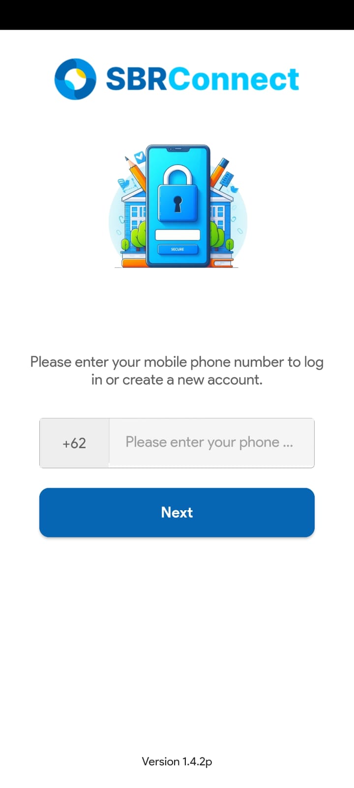 SBRConnect login — phone number authentication with secure illustration, v1.4.2p