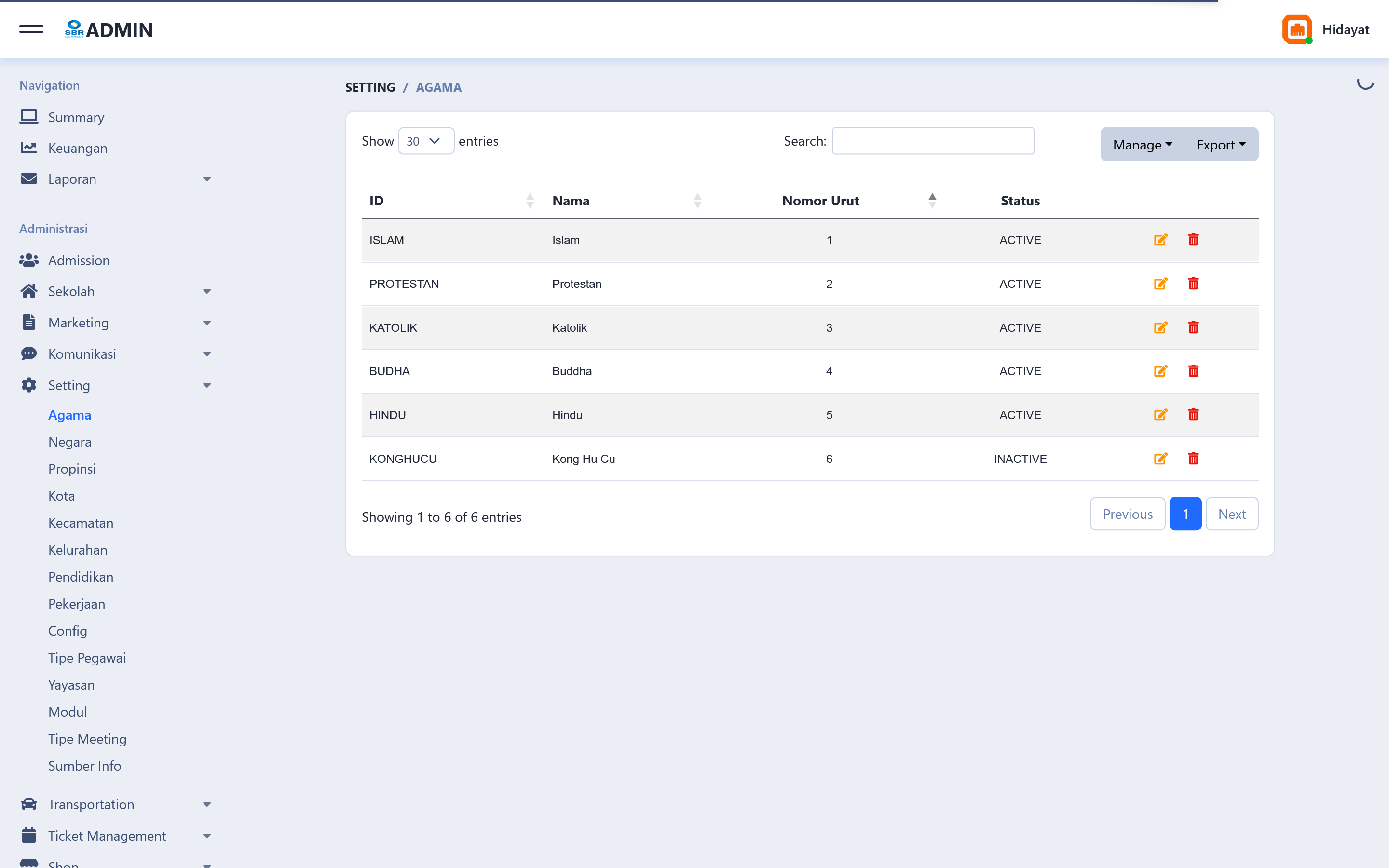 System Settings — master data including regions, religions, occupations, and configurations