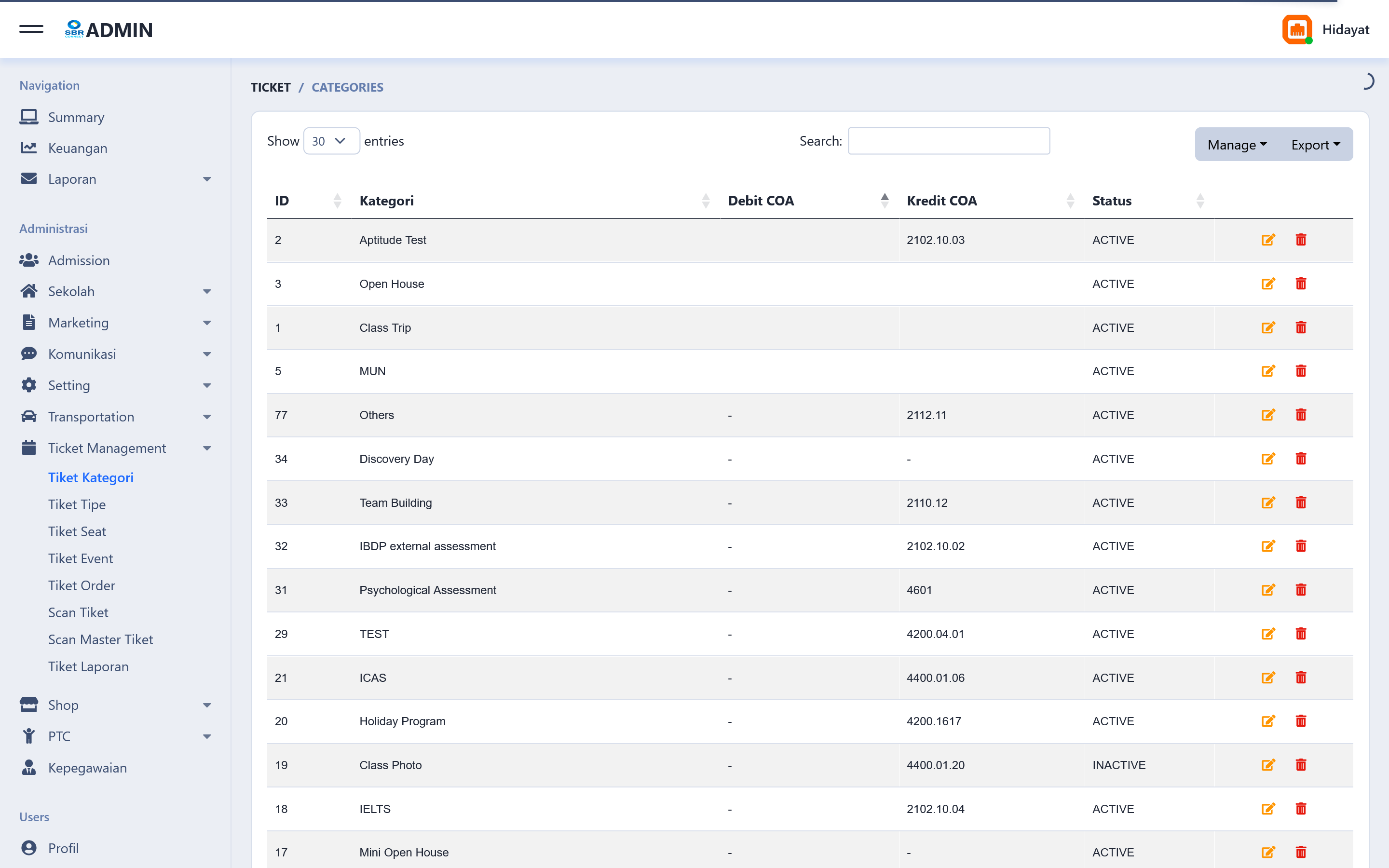Ticket Management — school event tickets for Open House, Class Trip, Aptitude Test, and more