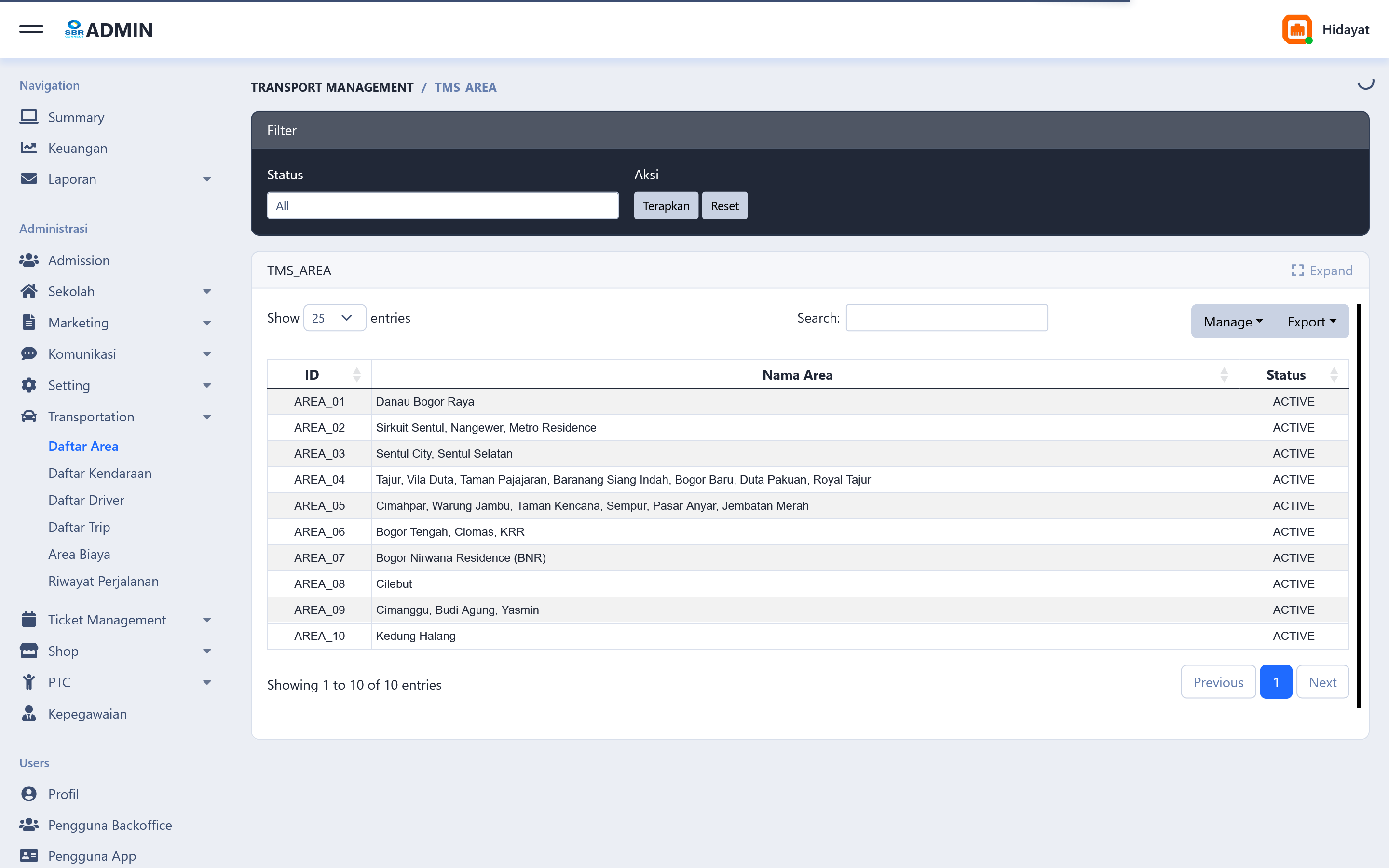 SISTO Transportation Management System — school bus area and route management for Bogor Raya