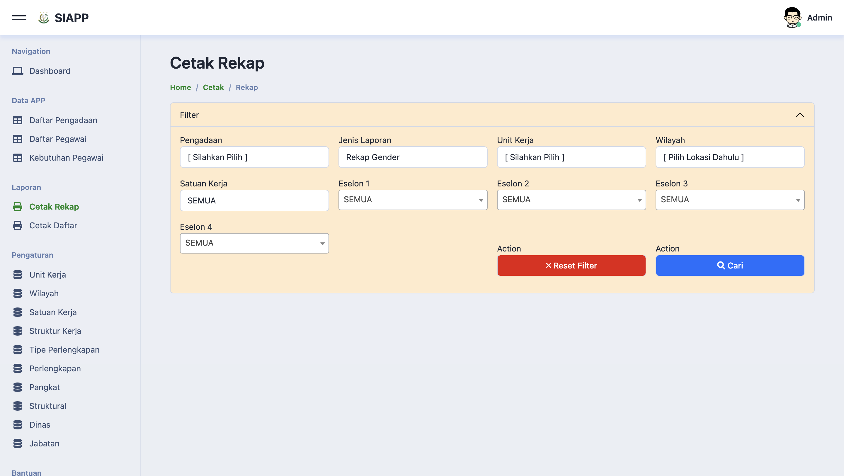Cetak Rekap module displaying printable recap reports and employee listings with customizable filters for official documentation