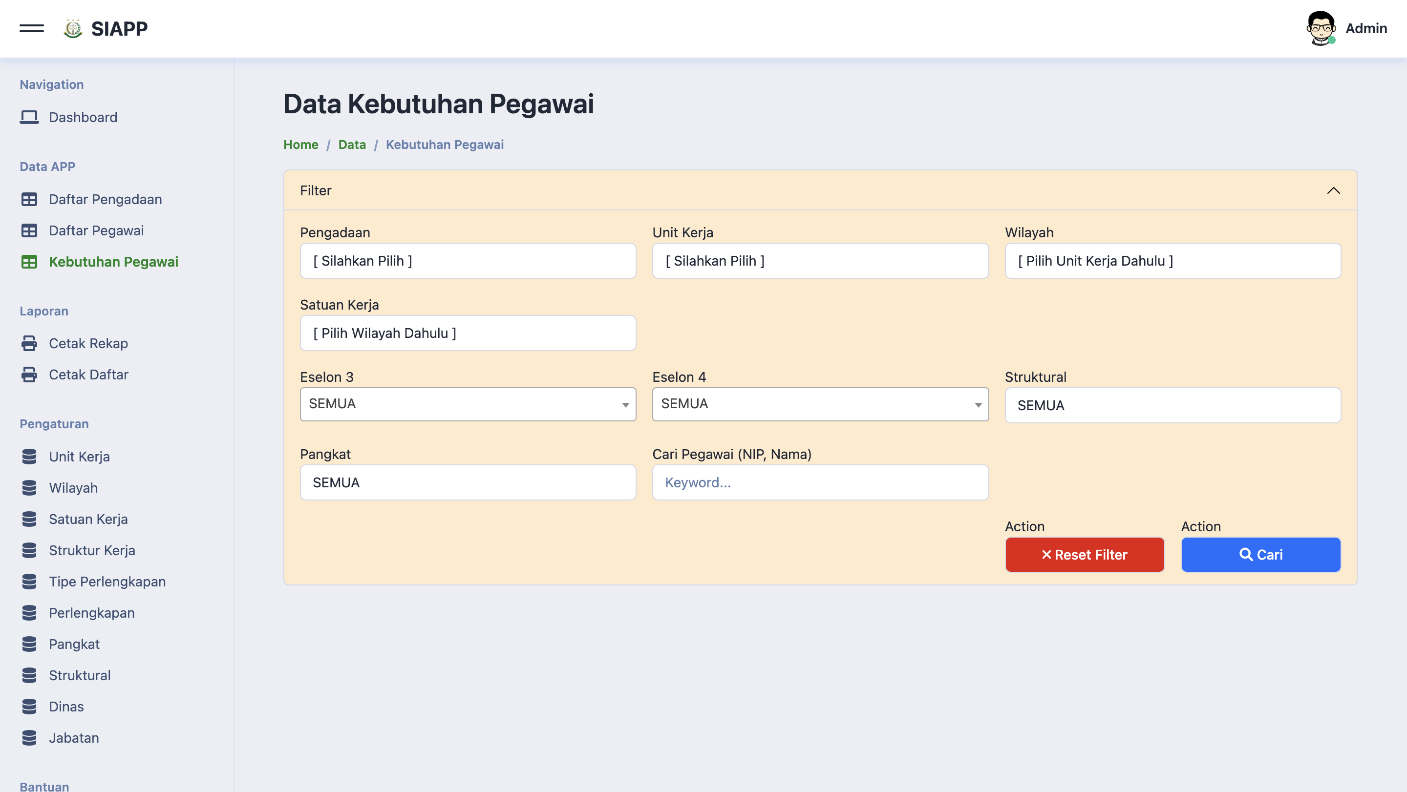 Kebutuhan Pegawai module showing staffing needs analysis with department-level breakdowns and recruitment planning data